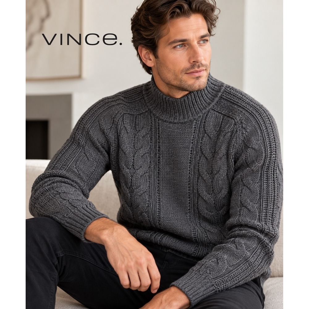 Vince Mens Cable Knit Mock Neck Sweater Gray Wool Cashmere Pullover Luxury Large